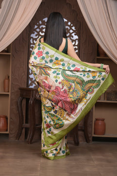 Bengal Gatha ~ Handloom Tussar Silk Saree with Kalamkari Handpainted Art in Off White - verymuchindian.com