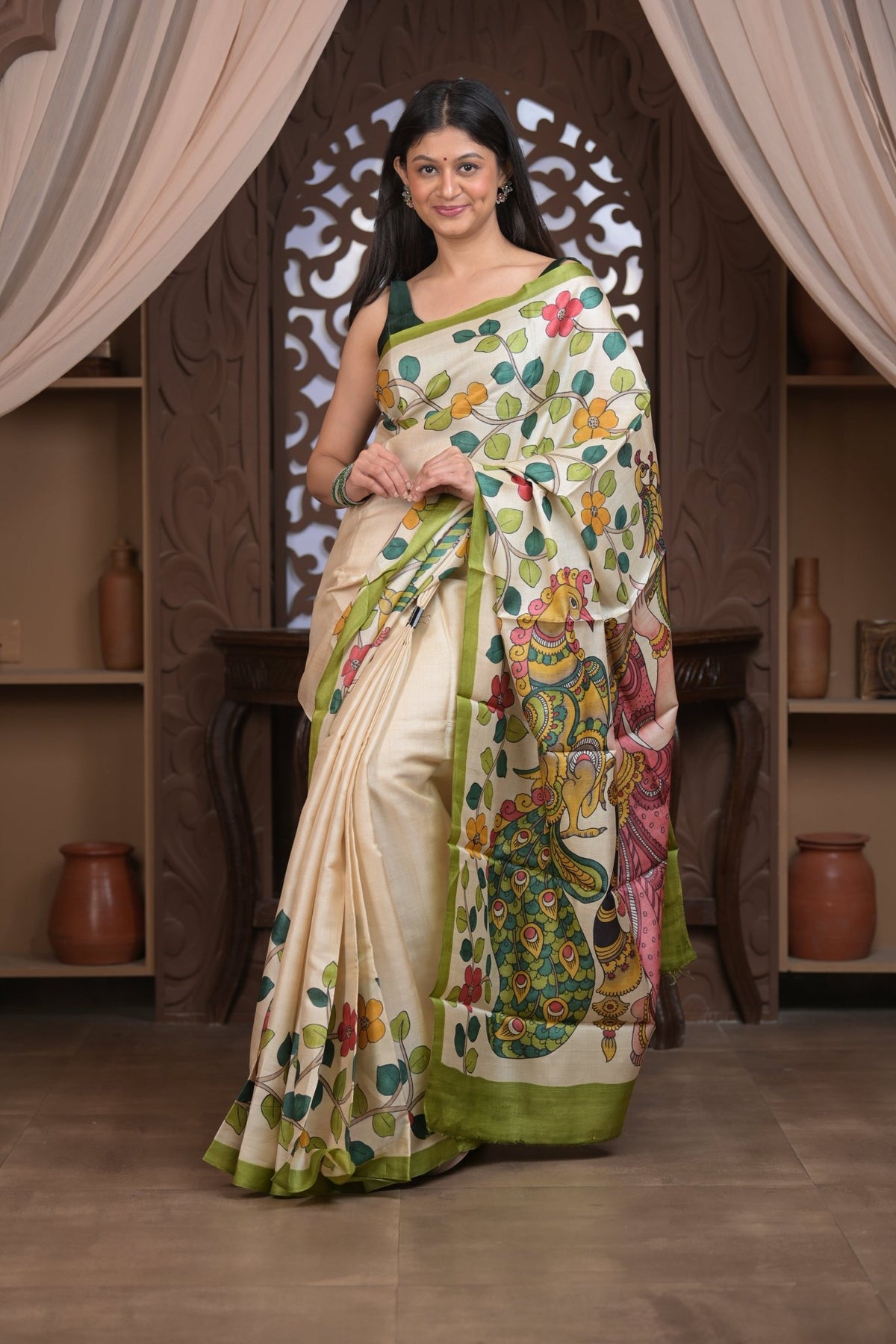 Bengal Gatha ~ Handloom Tussar Silk Saree with Kalamkari Handpainted Art in Off White - verymuchindian.com