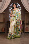Bengal Gatha ~ Handloom Tussar Silk Saree with Kalamkari Handpainted Art in Off White - verymuchindian.com