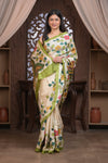 Bengal Gatha ~ Handloom Tussar Silk Saree with Kalamkari Handpainted Art in Off White - verymuchindian.com