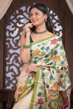 Bengal Gatha ~ Handloom Tussar Silk Saree with Kalamkari Handpainted Art in Off White - verymuchindian.com