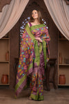 Bengal Gatha ~ Handloom Tussar Silk Saree with Kalamkari Handpainted Floral Pallu in Dusty Purple - verymuchindian.com
