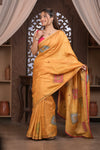 Bengal Gatha ~ Handloom Tussar Silk Saree with Kantha Embroidery in Ochre Yellow - verymuchindian.com