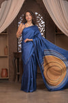 Bengal Gatha ~ Handloom Tussar Silk Saree with Kantha Embroidery in Royal Blue - verymuchindian.com