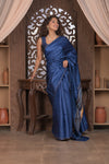 Bengal Gatha ~ Handloom Tussar Silk Saree with Kantha Embroidery in Royal Blue - verymuchindian.com