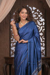 Bengal Gatha ~ Handloom Tussar Silk Saree with Kantha Embroidery in Royal Blue - verymuchindian.com