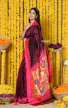 Best Seller Rajsi~Designed By VMI Premium~ Handloom Pure Silk Muniya With Lotus Pallu in Wine - verymuchindian.com