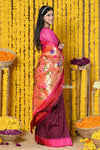 Best Seller Rajsi~Designed By VMI Premium~ Handloom Pure Silk Muniya With Lotus Pallu in Wine - verymuchindian.com