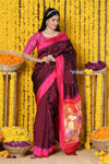 Best Seller Rajsi~Designed By VMI Premium~ Handloom Pure Silk Muniya With Lotus Pallu in Wine - verymuchindian.com