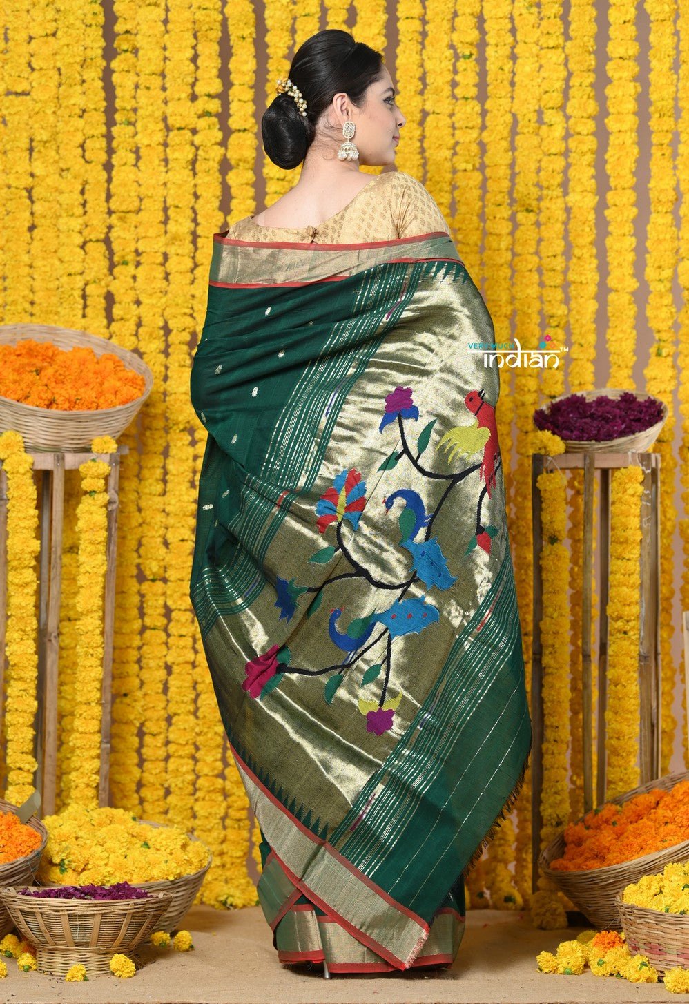 Bestseller Rajsi~Handloom Pure Cotton Paithani With Peacock Pallu~ Dark Green - verymuchindian.com