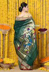 Bestseller Rajsi~Handloom Pure Cotton Paithani With Peacock Pallu~ Dark Green - verymuchindian.com
