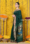 Bestseller Rajsi~Handloom Pure Cotton Paithani With Peacock Pallu~ Dark Green - verymuchindian.com