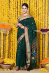 Bestseller Rajsi~Handloom Pure Cotton Paithani With Peacock Pallu~ Dark Green - verymuchindian.com