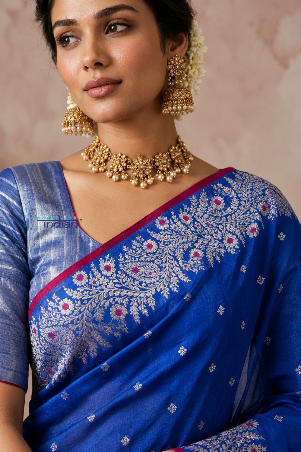 Chandani Chanderi ~ Designer Handloom Chanderi Silk Saree with Motifs and Intricate Vine Hand Border in Azure Blue - verymuchindian.com