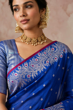 Chandani Chanderi ~ Designer Handloom Chanderi Silk Saree with Motifs and Intricate Vine Hand Border in Azure Blue - verymuchindian.com
