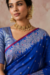 Chandani Chanderi ~ Designer Handloom Chanderi Silk Saree with Motifs and Intricate Vine Hand Border in Azure Blue - verymuchindian.com