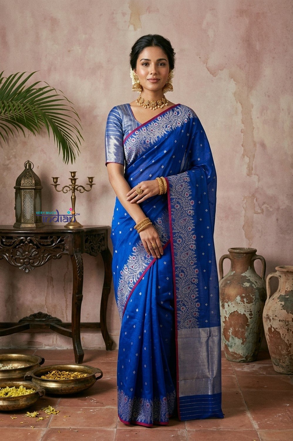 Chandani Chanderi ~ Designer Handloom Chanderi Silk Saree with Motifs and Intricate Vine Hand Border in Azure Blue - verymuchindian.com