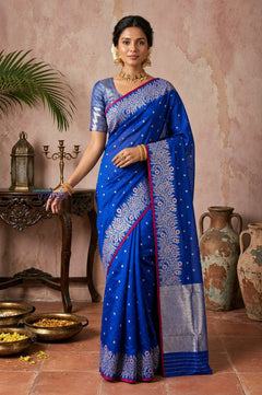 Chandani Chanderi ~ Designer Handloom Chanderi Silk Saree with Motifs and Intricate Vine Hand Border in Azure Blue - verymuchindian.com