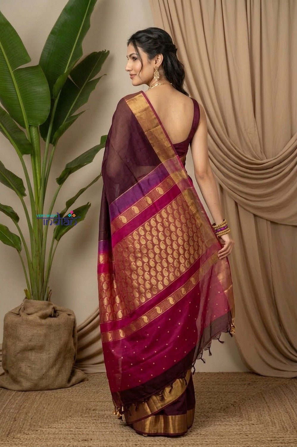 Chandani Chanderi ~ Handloom Chanderi Silk Saree with Motifs in Bestselling Brown - verymuchindian.com
