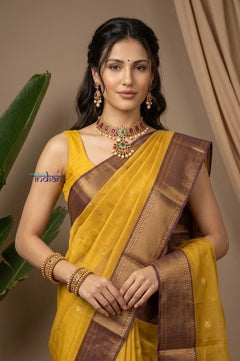 Chandani Chanderi ~ Handloom Chanderi Silk Saree with Motifs in Mustard Yellow - verymuchindian.com