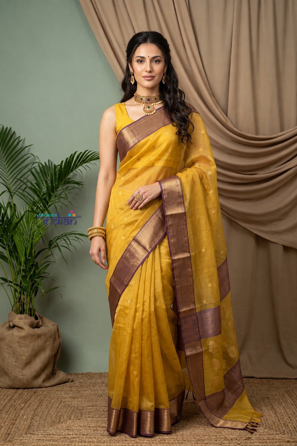 Chandani Chanderi ~ Handloom Chanderi Silk Saree with Motifs in Mustard Yellow - verymuchindian.com