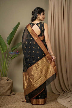 Chandani Chanderi ~ Handloom Chanderi Silk Saree with Motifs in Onyx Black - verymuchindian.com