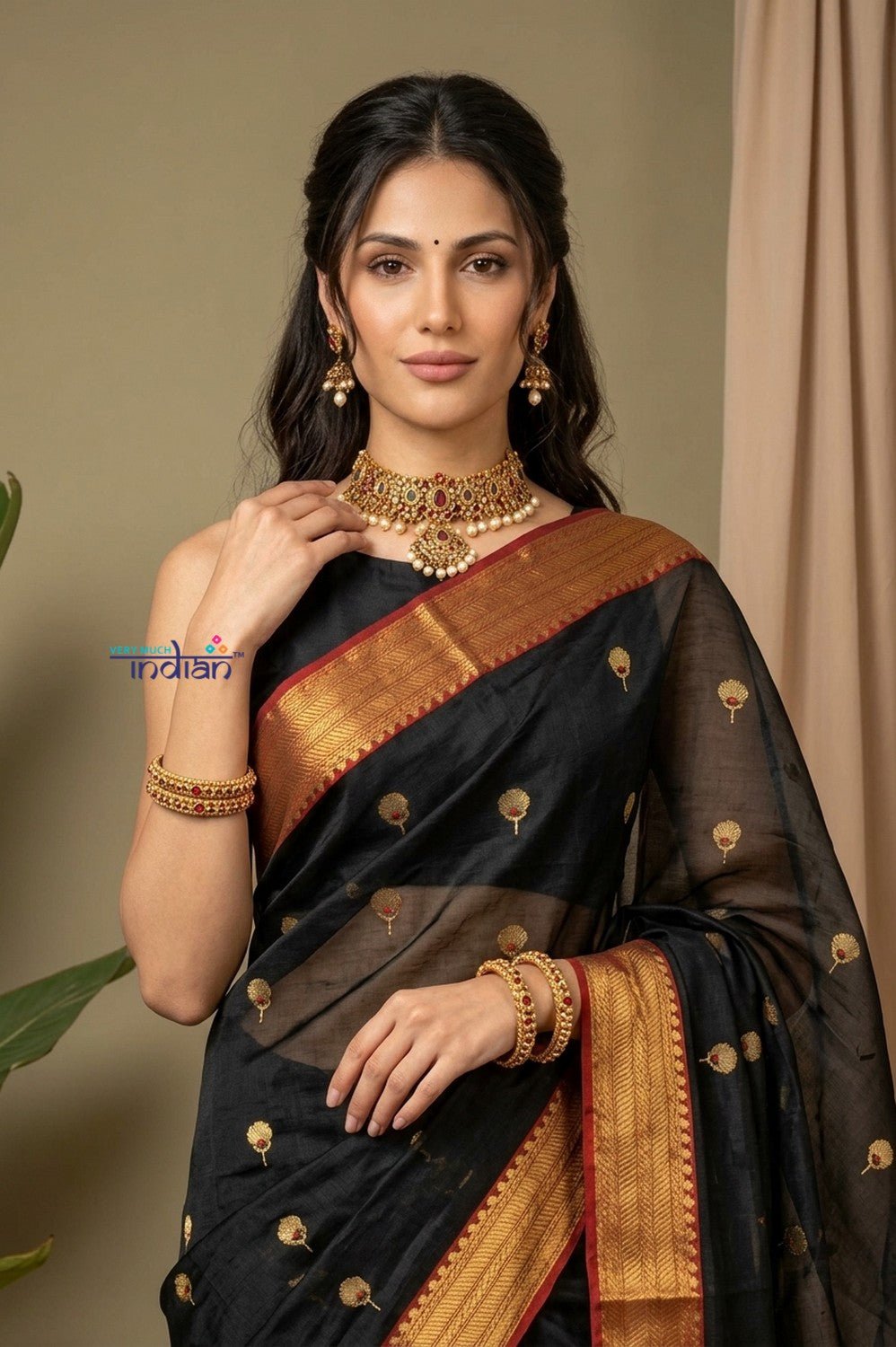 Chandani Chanderi ~ Handloom Chanderi Silk Saree with Motifs in Onyx Black - verymuchindian.com