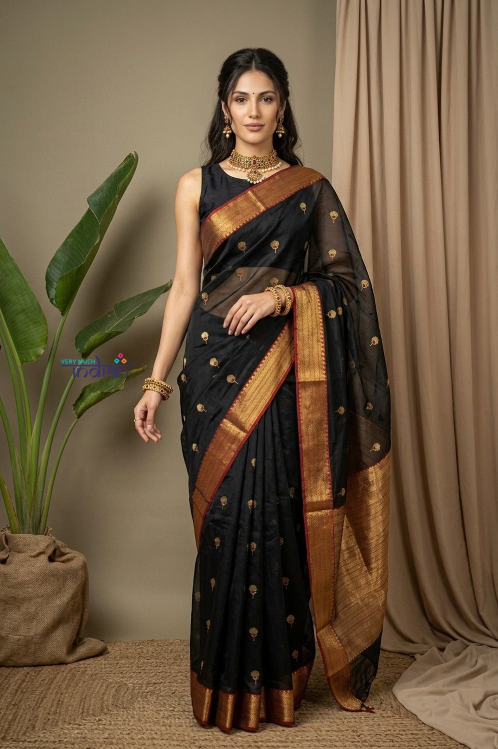 Chandani Chanderi ~ Handloom Chanderi Silk Saree with Motifs in Onyx Black - verymuchindian.com