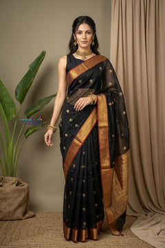 Chandani Chanderi ~ Handloom Chanderi Silk Saree with Motifs in Onyx Black - verymuchindian.com