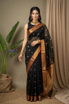 Chandani Chanderi ~ Handloom Chanderi Silk Saree with Motifs in Onyx Black - verymuchindian.com