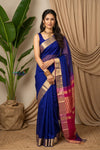 Chandani Chanderi ~ Handloom Chanderi Silk Saree with Motifs in Royal Blue Pink - verymuchindian.com