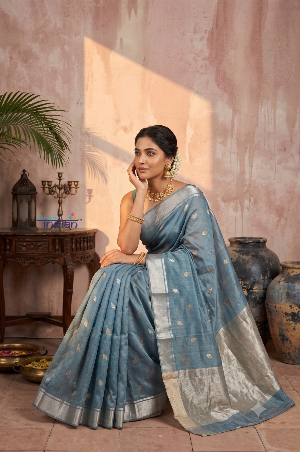 Chandani Chanderi ~ Handloom Chanderi Silk Saree with Motifs in Sea Blue - verymuchindian.com