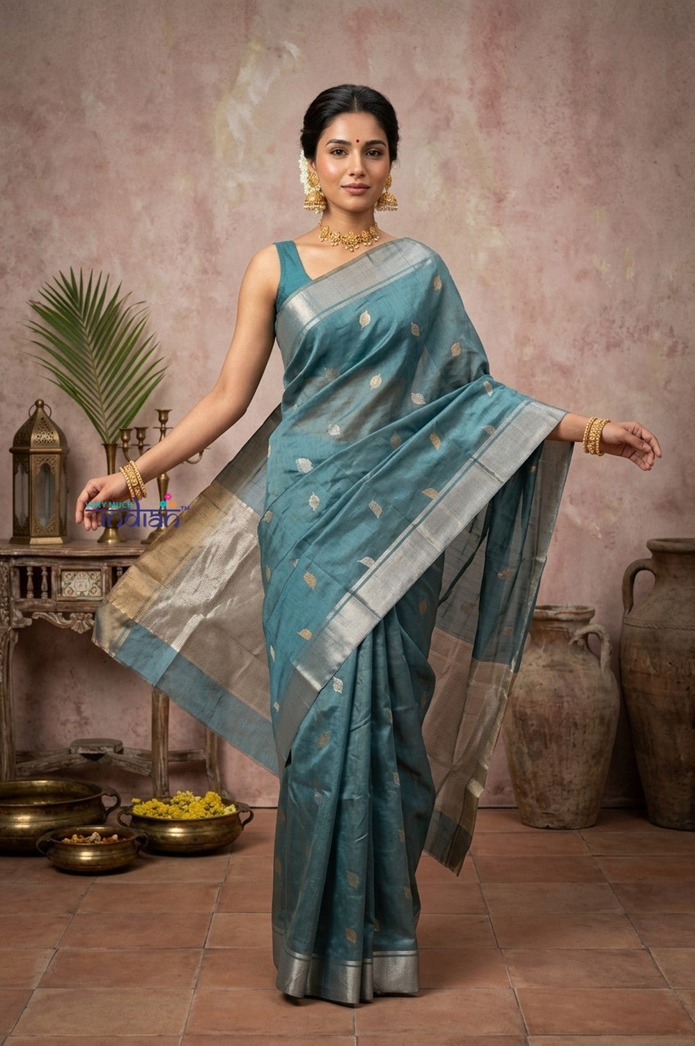 Chandani Chanderi ~ Handloom Chanderi Silk Saree with Motifs in Sea Blue - verymuchindian.com