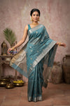 Chandani Chanderi ~ Handloom Chanderi Silk Saree with Motifs in Sea Blue - verymuchindian.com