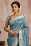 Chandani Chanderi ~ Handloom Chanderi Silk Saree with Motifs in Sea Blue - verymuchindian.com
