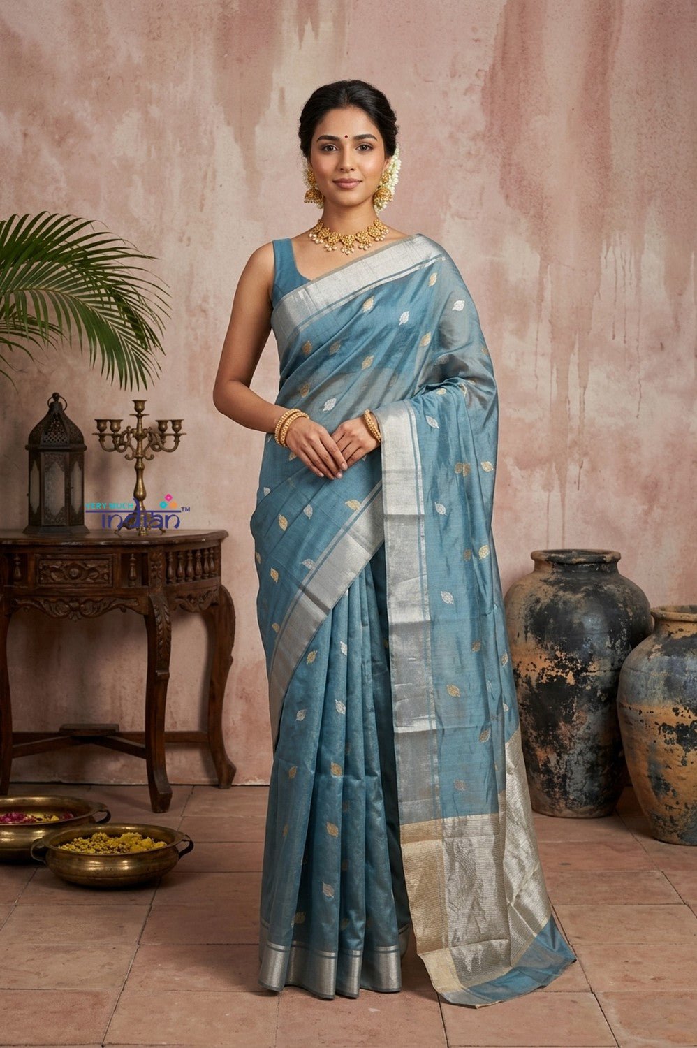 Chandani Chanderi ~ Handloom Chanderi Silk Saree with Motifs in Sea Blue - verymuchindian.com