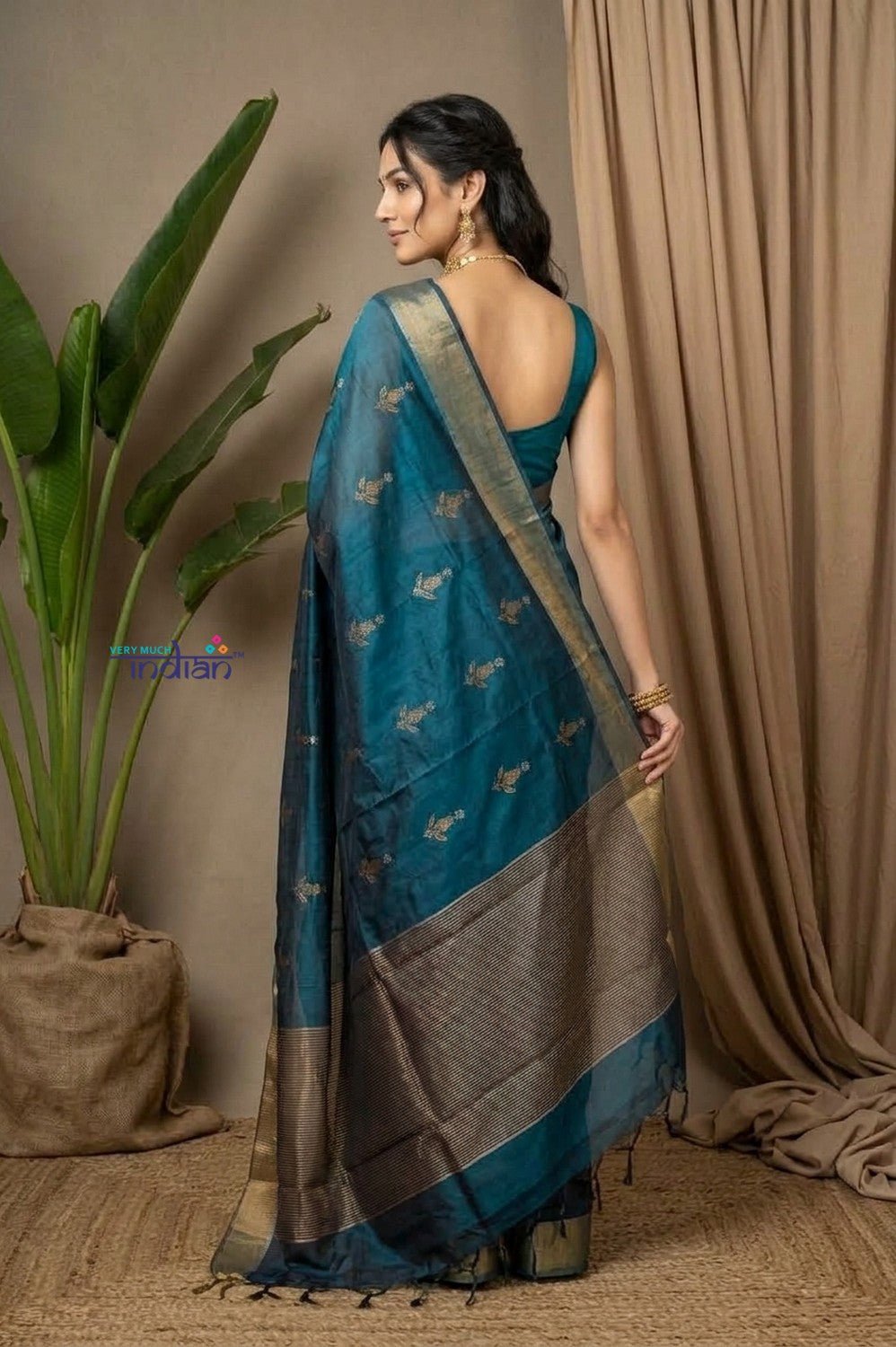 Chandani Chanderi ~ Handloom Chanderi Tissue Silk Saree with Motifs in Peacock Blue - verymuchindian.com