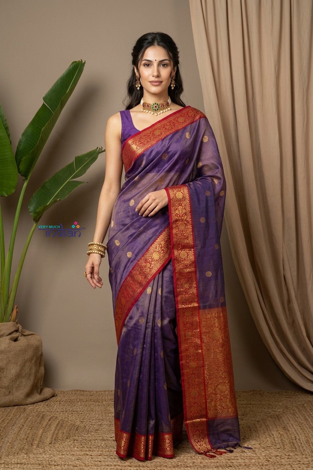 Chandani Chanderi ~ Handloom Chanderi Tissue Silk Saree with Motifs in Purple Red - verymuchindian.com