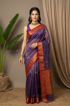 Chandani Chanderi ~ Handloom Chanderi Tissue Silk Saree with Motifs in Purple Red - verymuchindian.com