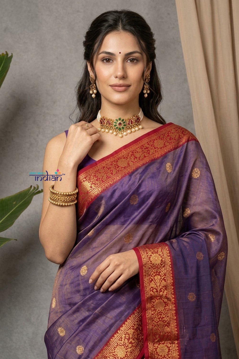 Chandani Chanderi ~ Handloom Chanderi Tissue Silk Saree with Motifs in Purple Red - verymuchindian.com