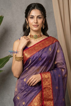 Chandani Chanderi ~ Handloom Chanderi Tissue Silk Saree with Motifs in Purple Red - verymuchindian.com