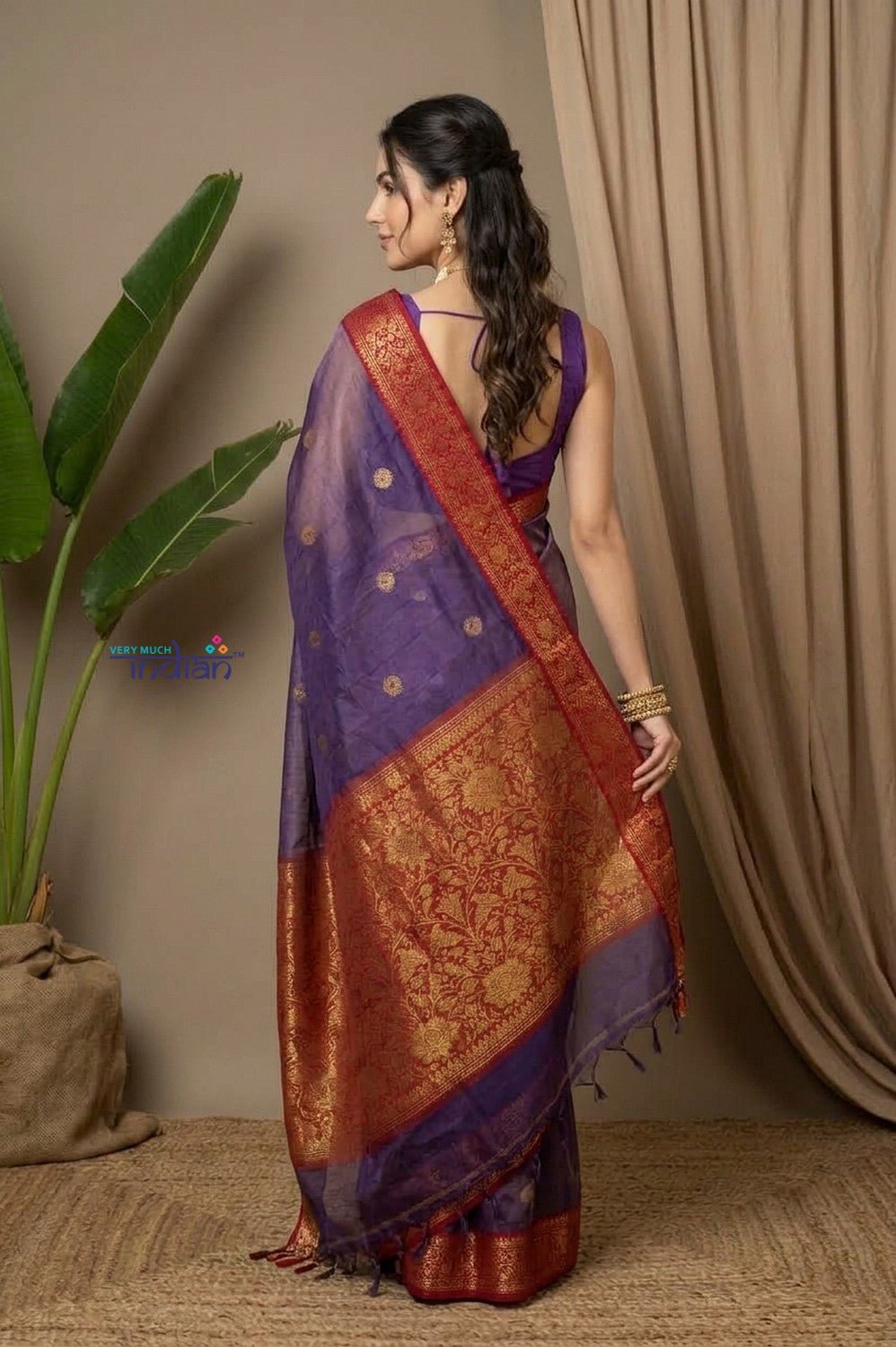 Chandani Chanderi ~ Handloom Chanderi Tissue Silk Saree with Motifs in Purple Red - verymuchindian.com