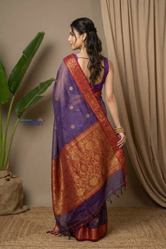 Chandani Chanderi ~ Handloom Chanderi Tissue Silk Saree with Motifs in Purple Red - verymuchindian.com