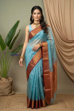 Chandani Chanderi ~ Handloom Chanderi Tissue Silk Saree with Motifs in Sky Blue - verymuchindian.com