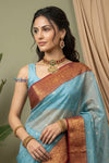 Chandani Chanderi ~ Handloom Chanderi Tissue Silk Saree with Motifs in Sky Blue - verymuchindian.com