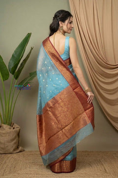 Chandani Chanderi ~ Handloom Chanderi Tissue Silk Saree with Motifs in Sky Blue - verymuchindian.com