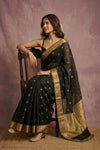 Chandani Chanderi ~ Handwoven Pure Silk Chanderi Saree In Black - Govt. Silk Mark Certified - verymuchindian.com