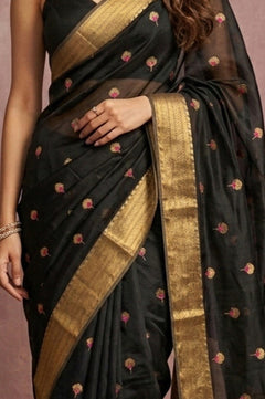 Chandani Chanderi ~ Handwoven Pure Silk Chanderi Saree In Black - Govt. Silk Mark Certified - verymuchindian.com