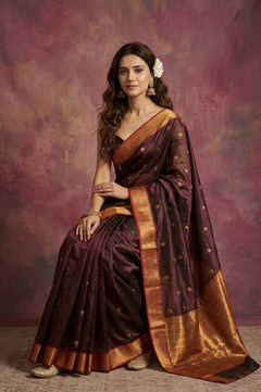 Chandani Chanderi ~ Handwoven Pure Silk Chanderi Saree In Brown - Govt. Silk Mark Certified - verymuchindian.com