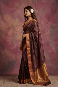 Chandani Chanderi ~ Handwoven Pure Silk Chanderi Saree In Brown - Govt. Silk Mark Certified - verymuchindian.com